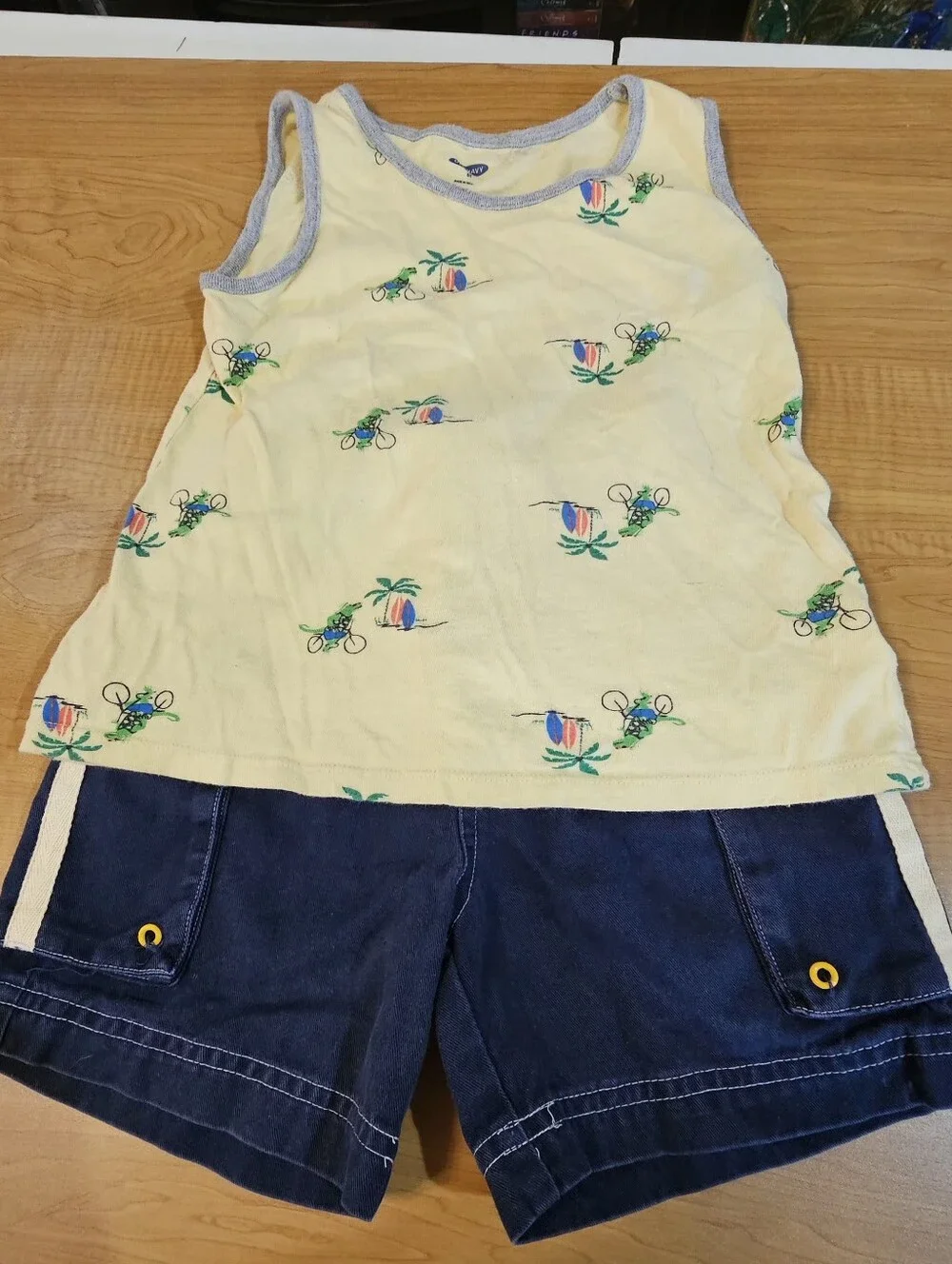 Kids Yellow Old Navy Tank Top with Surf Print  And Blue And Yellow Shorts